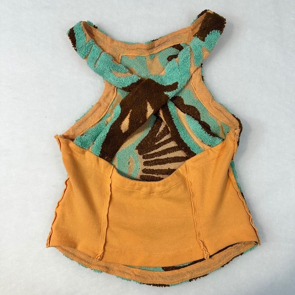 Free People Orange Teal Brown Tufted Embroidered Halter Top Mesh Cotton Blend - Picture 5 of 6